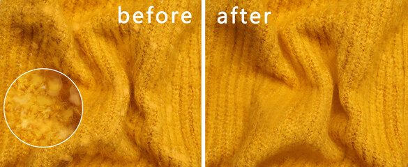 Yellow cloth before and after using of fabric shaver, collage. Banner design