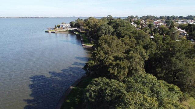 Beautiful Aerial view of Chascomus town and Lagoon, Buenos Aires, Argentina.
