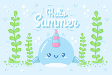 Hello Summer cute whale drawing under the water