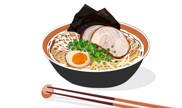 Pork ramen with boiled egg and seaweed. Isolated bowl of pork ramen and chopsticks on white background. Close up drawing vector illustration. Anime asian food. 