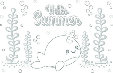 Hello Summer cute whale drawing under the water sketch for coloring