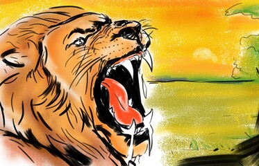 portrait lion qui rugit  safari dessin couleur - 435525378