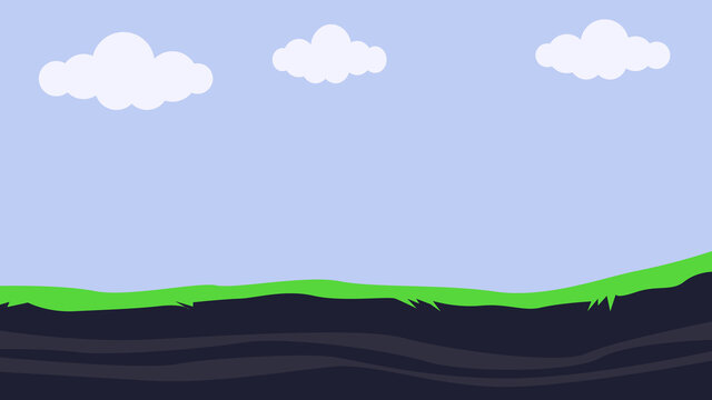 Ground game surface asset. Vector illustration of land with grass surface and blue sky. Mobile game, pc game, console game endless ground and background.