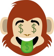 Vector illustration of emoticon of the face of a cartoon chimpanzee with eyes and tongue with the dollar sign