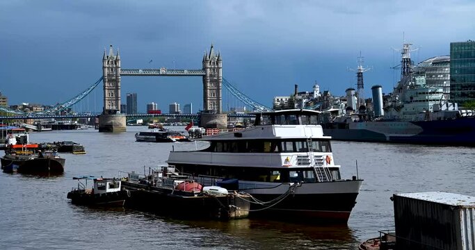 London after Lockdown. Looking towards Tower Bridge from London Bridge past HSM Belfast and the London Bridge City Pier