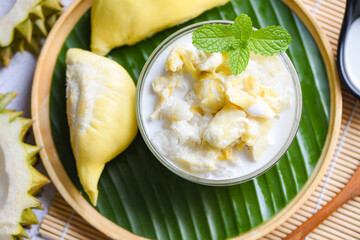 Durian sticky rice summer tropical fruit food, Asian Thai dessert tropical sweet durian peel with yellow bean, Ripe durian rice cooked with coconut milk