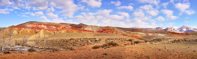 Mars in the Altai Mountains. The panorama of the slopes of the river terraces with the exposure of colorful clays and siltstones is a geological attraction. Chui Valley, Siberia, Russia