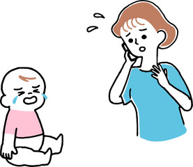 ワンオペの育児中の母親と泣いている赤ちゃんシンプルなイラスト