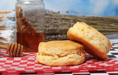 Honey and Wheat Biscuits Close up With Dried Laveder in Background