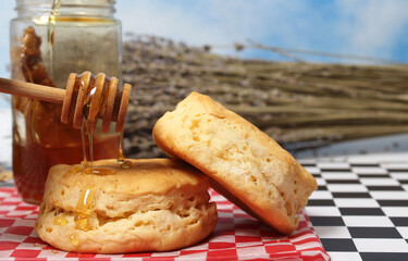Honey and Wheat Biscuits Close up With Dried Laveder in Background