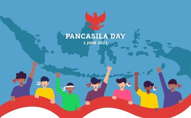 Pancasila day background with young men raising fist up and holding Indonesian flag. Concept of Unity in diversity. Flat style vector illustration of Indonesia independence day.