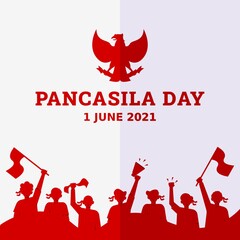 Pancasila day background with young men raising fist up and holding Indonesian flag. Concept of Unity in diversity. Flat style vector illustration of Indonesia independence day.