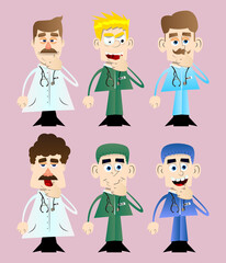 Funny cartoon doctor thinking with hands under his mouth. Vector illustration. Confused health care worker.