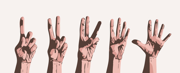 Fototapeta premium Counting fingers on gray background. Vector set of hands with counts on the fingers from one to five.