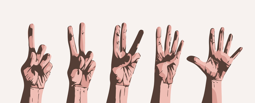 Counting fingers on gray background. Vector set of hands with counts on the fingers from one to five.