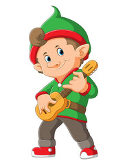 The elf man is playing the wooden guitar with the happy face