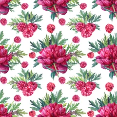  Seamless pattern watercolor red pink peony summer flower with green leaves and raspberry on white. Hand-drawn floral plant. Creative background for florist, invite, wedding, celebration card, wrapping © NatashaKun