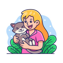 Girl Love Cat Cartoon. Symbol Vector Icon Illustration, Isolated on Premium Vector