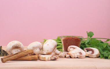 Fresh Organic Ingredients Mushrooms and Herbs With Copyspace