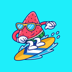 Cool Watermelon Playing Surfing Cartoon. Fruit Vector Icon Illustration, Isolated on Premium Vector