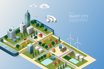 Eco smart city concept. Green city on smart phone. Smart city. Modern city. Concept website template. Vector illustration.