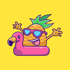 Cute Pineapple with Flamingo Tires Cartoon. Fruit Vector Icon Illustration, Isolated on Premium Vector