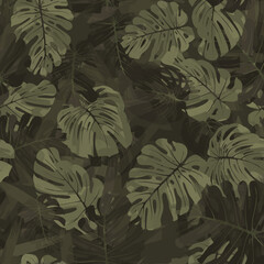 Camouflage tropical pattern with tropical plants. Exotic camo background with monstera leaves. Fashion jungle print for design. Copy raster illustration - obrazy, fototapety, plakaty