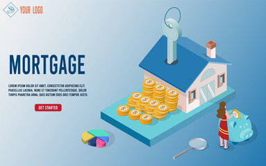 House is placed near stack of coins. Woman's hand that is coin down the Piggy bank. People Invest Money in Real Estate Property. 
House Loan, Rent and Mortgage Concept. Flat Isometric Vector Illustrat