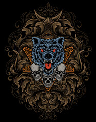 illustration angry wolf and skull head with antique ornament