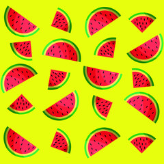 Seamless pattern with watermelon and slices on a yellow isolated background. Summer minimalistic background