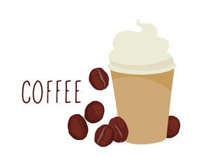 Coffee in a paper cup. Foam. Cappuccino. Logo. Outline vector illustration on a white background.