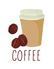 Coffee in a paper cup. Coffee beans. Logo. Outline vector illustration on a white background.