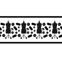 Black and white border with sewing tools. Mannequin, buttons and spools of thread. Illustration for use and design of accessories stores and ateliers, boutiques, price tags, various packaging and