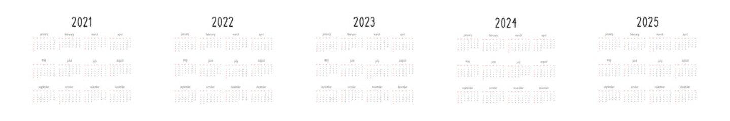 calendar from 2021 to 2025 template in minimalistic black and white style. restrained design for printing. Week starts on sunday
