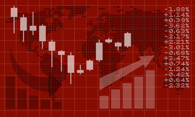 business graphs and indicators, vector illustration with world map red background