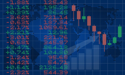 business graphs and indicators, vector illustration with world map blue background