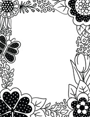 Adult Coloring Page with Floral Border of Polka Dots and Butterflies