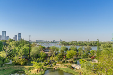 Fototapeta na wymiar Gardening and retro architecture in Xuanwu Lake Park, Nanjing, Jiangsu, China
