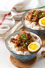 Braised meat over cooked rice, famous and delicious street food in Taiwan.