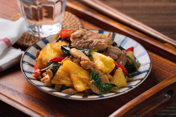 Stir-fried Taiwanese Three Cup Chicken with pineapple.
