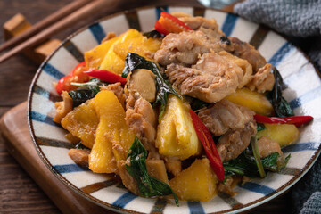 Stir-fried Taiwanese Three Cup Chicken with pineapple.