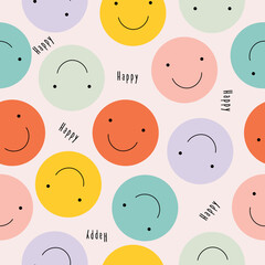 Vector seamless pattern with happy smileys colorful. Smiling emoticons. Hand drawn trendy Vector illustration for kids. Good for Fabric, textile, giftware, wallpaper, for book design and more