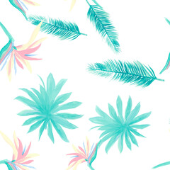 Blue Pattern Illustration. White Seamless Texture. Cobalt Tropical Design. Navy Flower Palm. Indigo Floral Foliage. Wallpaper Textile. Decoration Illustration.