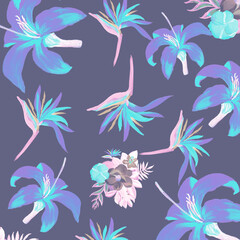 Violet Pattern Art. Indigo Tropical Exotic. Coral Floral Illustration. Blue Flora Art. Purple Decoration Leaves. Cobalt Wallpaper Illustration. Navy Spring Vintage.