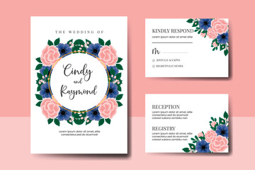 Fototapeta na wymiar Wedding invitation frame set, floral watercolor hand drawn Rose With anemone Flower design Invitation Card Template