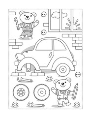 Fototapeta na wymiar Coloring page or activity sheet for kids with bear mechanics repairing the car 