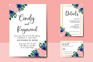 Wedding invitation frame set, floral watercolor hand drawn Rose With anemone Flower design Invitation Card Template