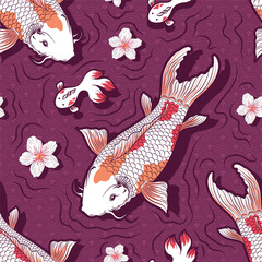 Seamless Art Japanese Repeat Pattern Swimming KOI Carp Fish and Little Fish Swim with Ripple, Flower and Sakura Floating on Shadow and Purple Water Wave Pattern Background Design for Wrapping Paper