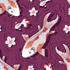 Seamless Art Japanese Repeat Pattern Swimming KOI Carp Fish and Little Fish Swim with Ripple, Flower and Sakura Floating on Shadow and Purple Water Wave Pattern Background Design for Wrapping Paper © j