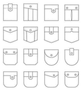 Patch pocket. Set of uniform patch pockets shapes for clothes, dress, shirt, casual denim style. Isolated icons.